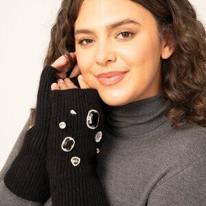 Embellished Light Grey Ribbed Fingerless Gloves
